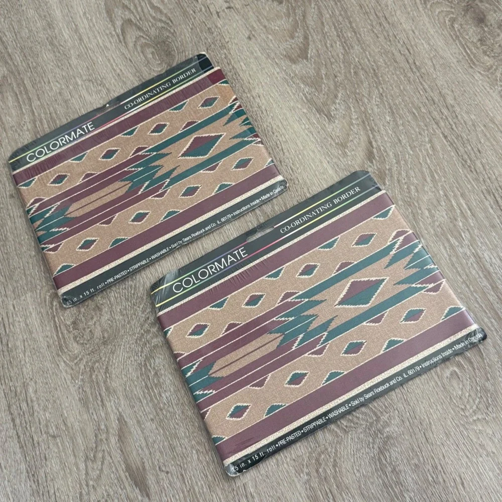 Vintage Colormate Southwestern Wallpaper Border 2 Rolls Teal Burgundy 13980011